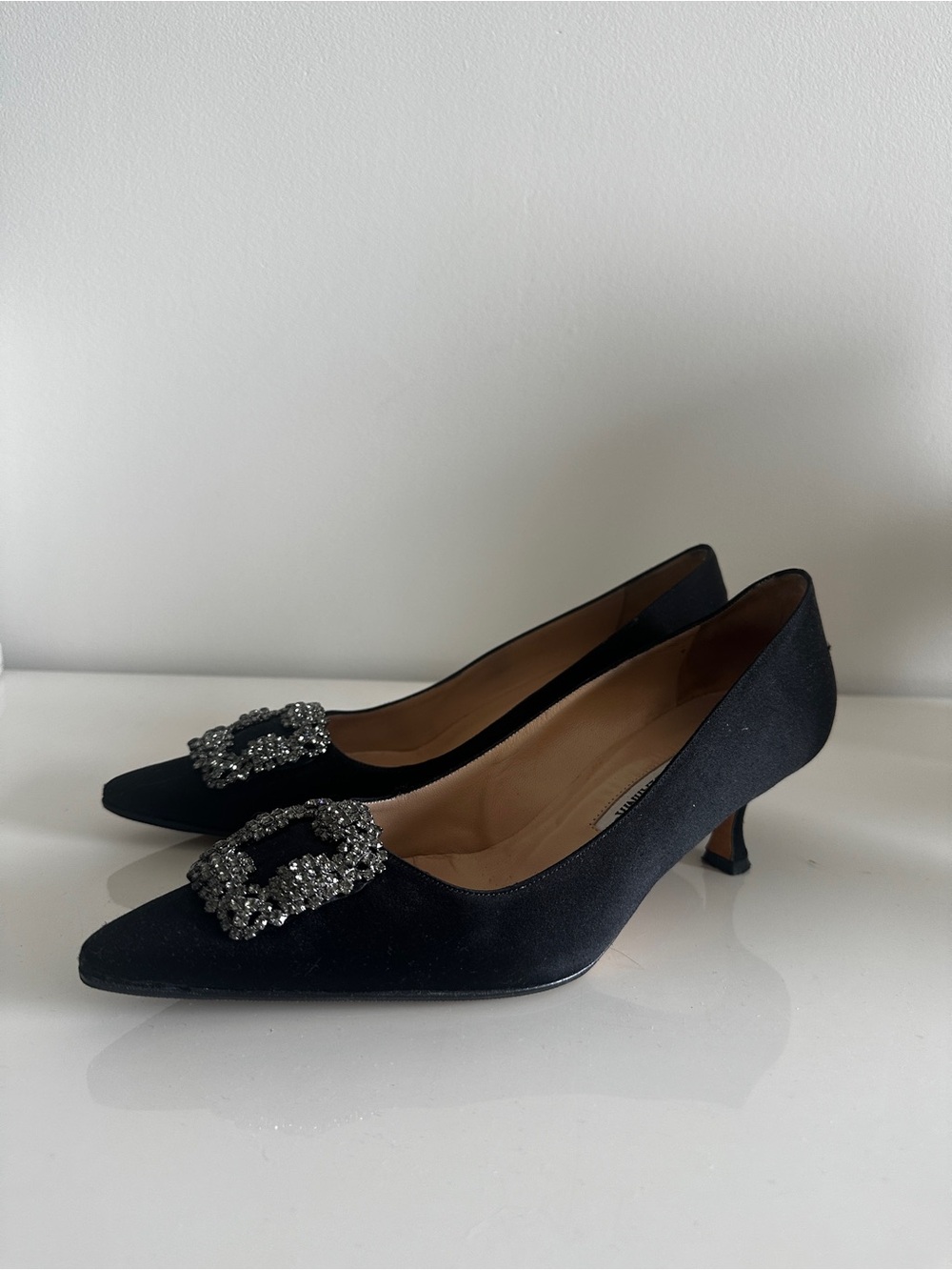 Manolo Blahnik Black Satin Crystal Embellishments Pumps